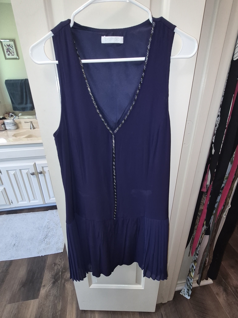 Promod Navy Sleeveless V-Neck Tunic with Braided Trim and Pleated Hem
